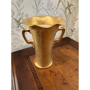 Vtg Antique Gold Encrusted Hand Painted Double Handled Trumpet Vase 1711